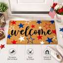 4th of July Patriotic Artificial Coir Front Door Mat 17" X30" Blue White Star Welcome Doormat Non Slip USA 250th Anniversary Independence Day Entry Rug for Indoor Outdoor Kitchen Bathroom Porch Decor
