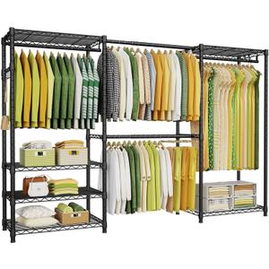 Ulif E1 Heavy Duty Closet Garment Rack, 6 Tiers Adjustable Metal Freestanding Expandable Clothing Storage with 4 Hanger Rods, Easy to Assemble Wardrobe, 71.4" H x (70" - 88.2") L x 14" D, Black