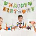Leinuosen 21 Pcs Safari Animals Happy Birthday Party Decorations 10 Animal Figure Model Cake Topper 10 Mini Party Hat, 1 Happy Birthday Banner for Mini Animals Themed Decor