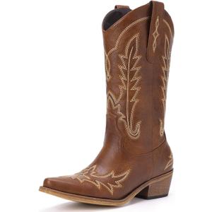 Cowboy Boots for Women - Cowgirl Boots with Embroidery, Chunky Heel, Pointed Toe, Pull-on Vintage Western Mid Calf Fashion Boots for Ladies (7, Brown)