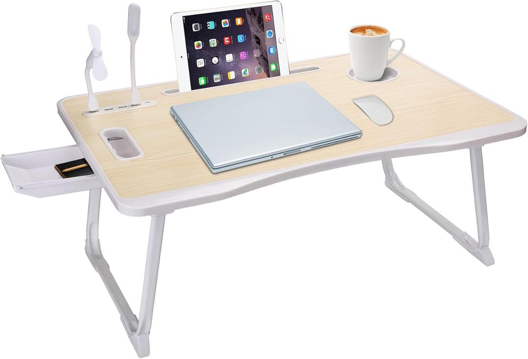 Laptop Bed Table, Laptop Desk for Bed, Foldable Laptop Bed Desk with USB Charge Port, Handle, Desktop Card Slot, Cup Slot, Side Drawer, Laptop Table Portable Notebook Stand for Eating Reading Working (White Maple)