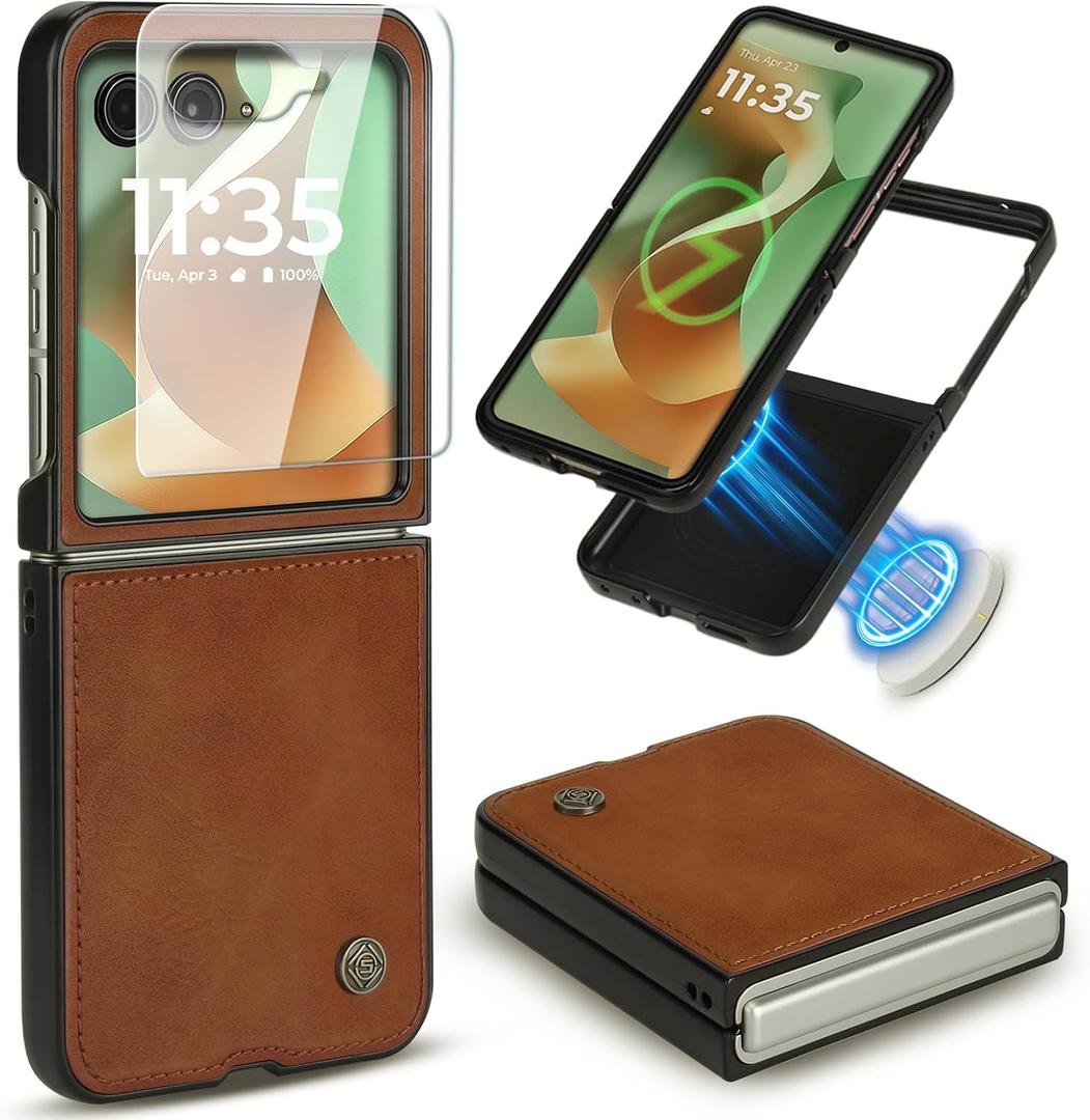 ASAPDOS Leather Folio Magnetic Case for Motorola Razr 2025 Ultra[Compatible with MagSafe],Built-in Screen Protector and PU Leather Thin Slim Protective Case Cover Brown