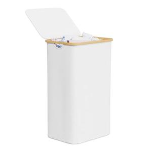 SpaceAid Laundry Hamper with Lid, 110L Large Tall Clothes Basket Bin with Bamboo Handles, Collapsible Laundry Hamper for Bedroom, Bathroom, Dorm, Laundry Room - White