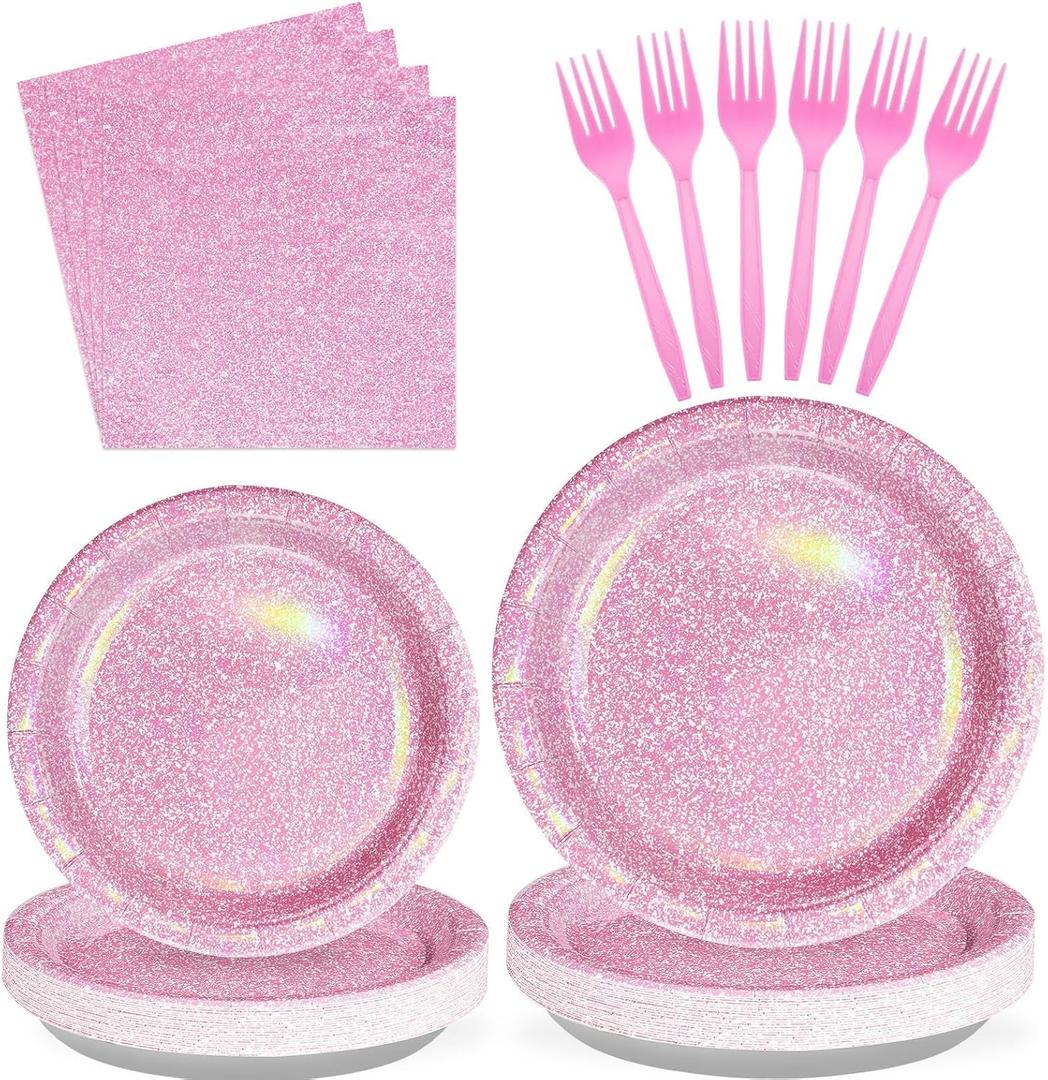 Grencian 96Pcs Pink Pastel Party Supplies Light Pink and White Plates and Napkins Tableware Set Rainbow Birthday Decorations for Girls Women Sprinkle Bride Shower Wedding Anniversary Party Serves 24