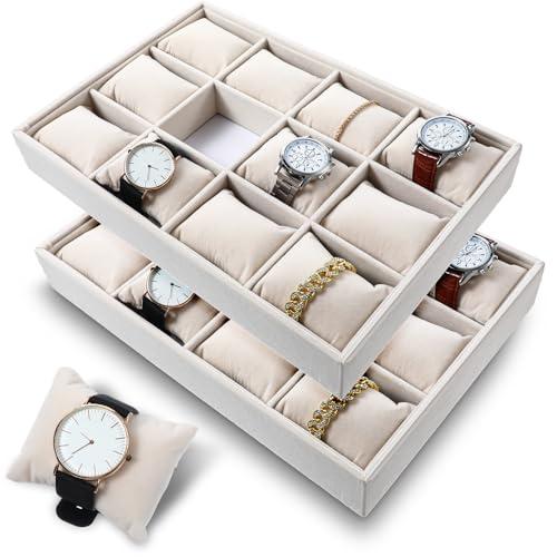 Nodaaiie 2 Pcs Beige Velvet Jewelry Organizer Watch Tray Box 12 Grid Stackable Bracelet Organizer with Adjustable Pillows for Men Women, Home Store Show