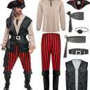 Spooktacular Creations Men Pirate Costume, Adult Pirate Shirt Vest Viking Pants Hat Set for Halloween Themed Parties (X-Large, Khaki)