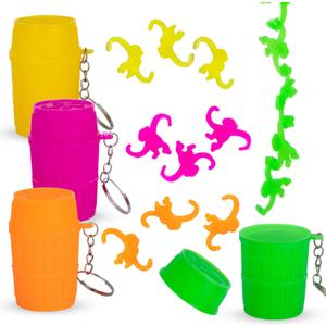 Gamie 12 Set Mini Monkey in a Barrel Keychains for Kids - Retro Fidget-Friendly Toys with 10 Monkeys in Each Barrel - Jungle Party Favors - Fun Piata Stuffers - Party Supplies for Children