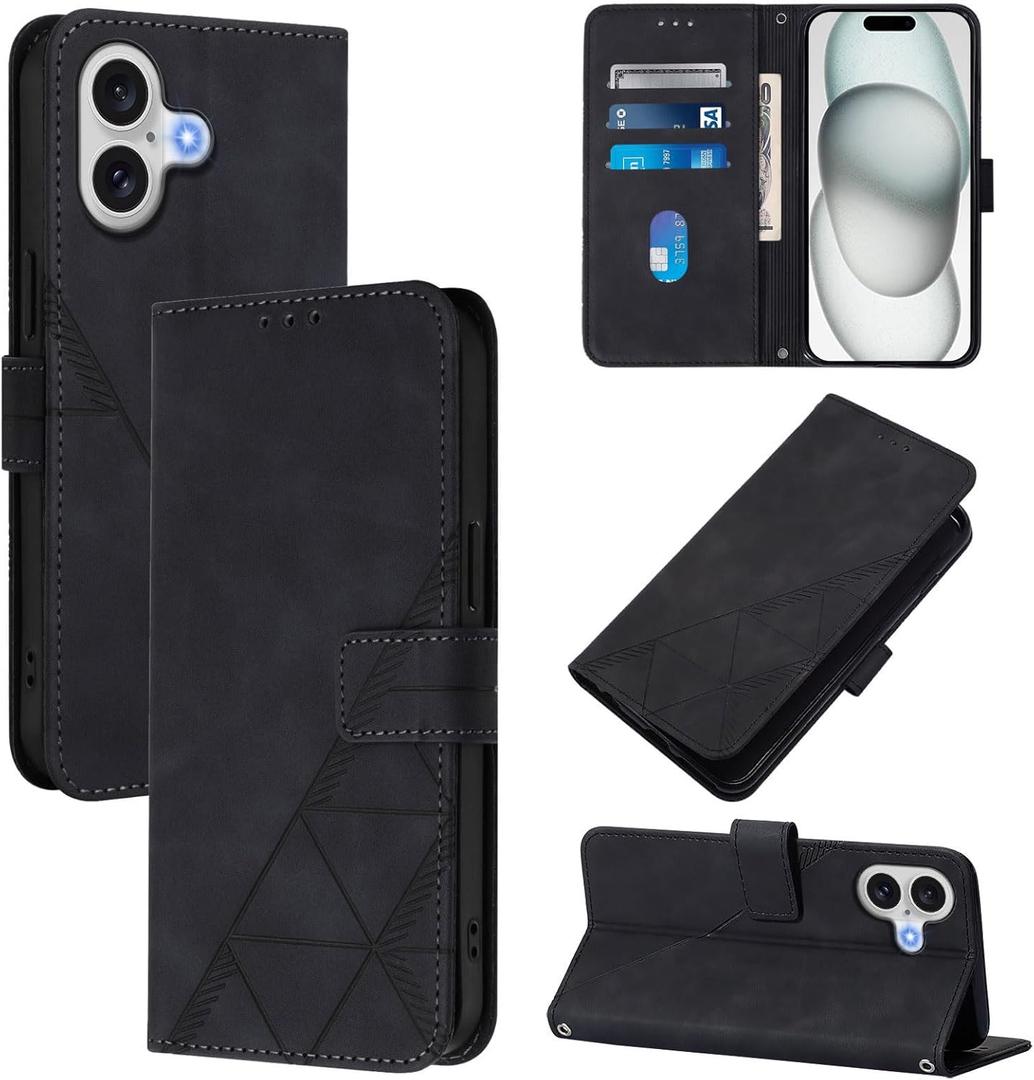 for iPhone 17 Leather Case, Geometric Patterns Wallet Case with 3 Card Slots, Magnetic Closure Kickstand Flip Phone Case Shockproof Cover, Black