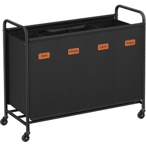 SONGMICS 4 Section Laundry Sorter, Laundry Hamper with Wheels, Rolling Clothes Hamper Cart with Large Capacity and Removable Bags, for Laundry Room, Bedroom, Bathroom, Ink Black