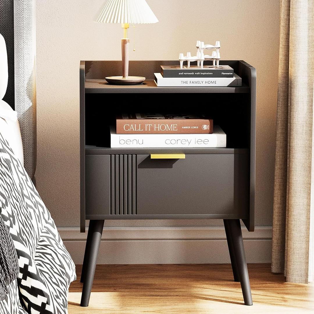 Night Stand Modern End Table with Storage Drawer and Open Shelf, Small Bedside Stand, Wooden Sofa Side Table for Bedroom,Study Room and Small Spaces (Black)