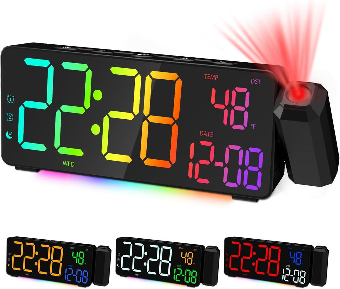Projection Alarm Clocks, RGB Desk Clock with 180 Rotatable Projector 15 Color Display, Date Temperature and Weekday, DST, Snooze, Ambient Lighting for Living Room,Bedroom Bedside Office Decor