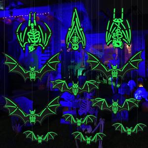 Hanging Glowing Bats Halloween Decoration, Stick on Realistic Flying Bats with Skeleton for Indoor Outdoor Decor, 2 Display Options, 12 Pcs