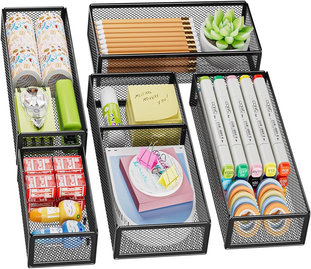 Marbrasse 5 Pack Desk Drawer Organizer Set, Mesh Drawer Storage Trays with 1 Adjustable Divider, Desk Organizers and Accessories, 5 PCS Drawer for Office Supplies, Makeup & Vanity (Black)