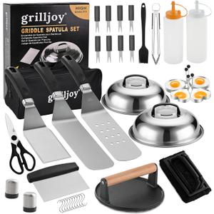 grilljoy Professional Griddle Accessories Kit Set with Smash Burger Press - Extra Thick Grill Spatula, Turner, Flipper - 38PCS Flat Top Grill Tools Kit for Outdoor Barbecue Teppanyaki Camping Cooking