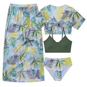 Girls Swimsuit 4 Piece Tropical Bathing Suits Taniki Bikini Swimwear Sets with Cover Up Skirt for 9-16Y Green