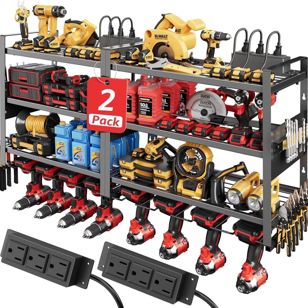 Power Tool Organizer with Charging Station Wall Mount - 2 Pack Drill Holder Storage Rack Garage Organization Cordless Tools Oaganizers Father Day Gifts