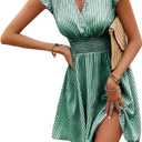 Women's Summer Dress V Neck Striped Mini Dress A Line Casual Dress Ruffle Sleeve (Green) XL