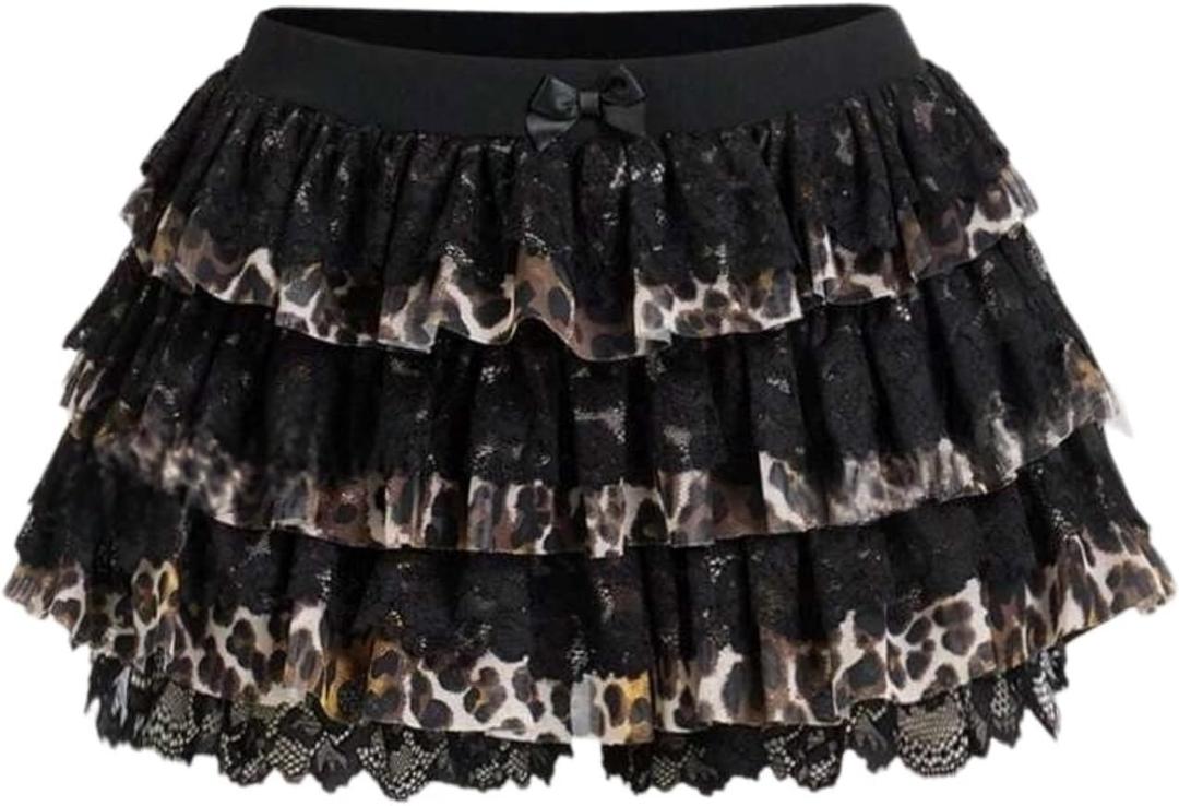 ZAFUL Women's Y2k Summer Shorts Mesh Lace Layered Ruffle Trim Skirts Cute Bow Waist Mini Skorts (L)