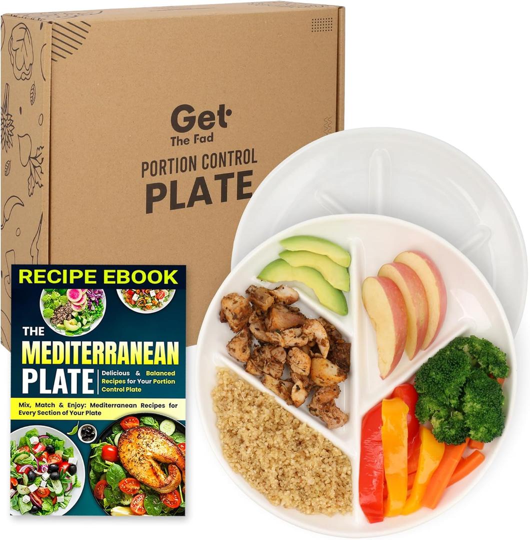 GetTheFad Portion Control Plate (Porcelain) Set of 2, 9.3 Inch Divided Portion Plates for Weight Loss Adults, Divided Dinner Plates for Adults, Healthy plates for adults, My plate for Weight Watchers