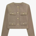 Women's Gold Button Jacket O Neck Long Sleeve Jacket Casual Office Solid Color Chic Top, Size XL, Light Brown