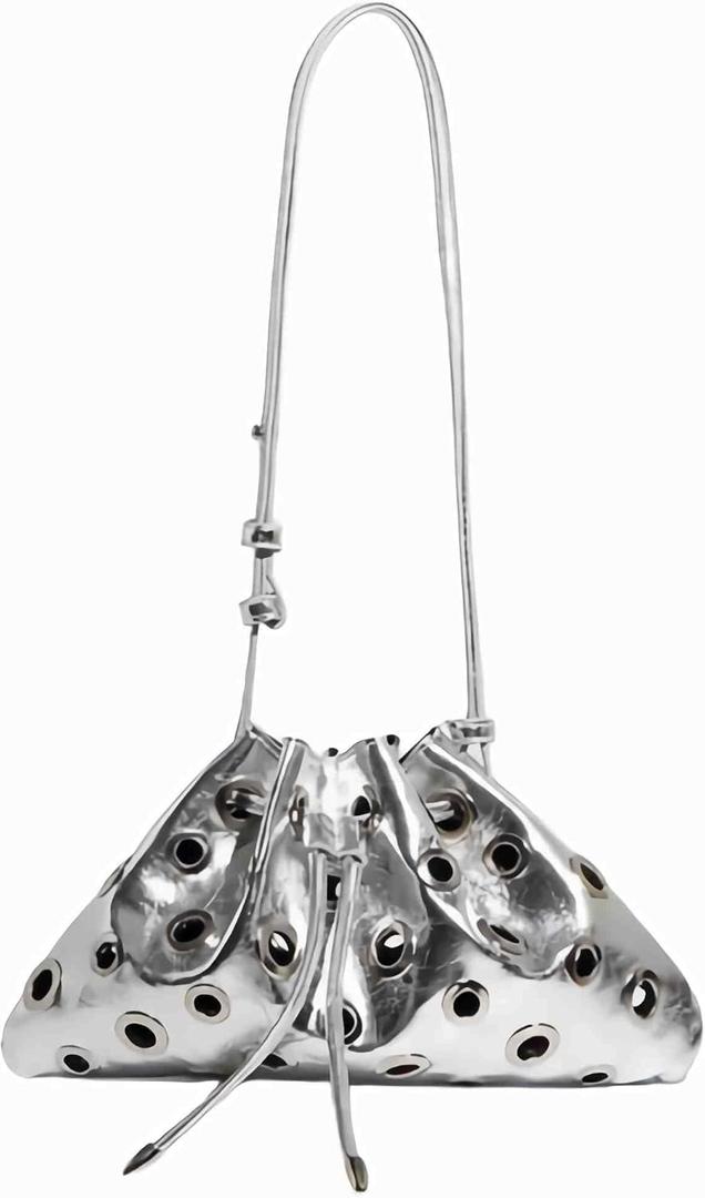 silver y2k purse for women, cool sparkly bucket purse, cute aesthetic fashion bag, small silver clutch bag
