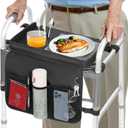 Rhino Valley Walker Tray for Folding Walker, Tray for Walkers with Non-Slip Mat for Food, 3 Front Pockets & 2 Cup Holders, Fits Most Standard Folding Walkers, Walker Accessories for Senior, Black