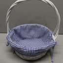 White Round Willow Wicker Gift Basket with Blue and White Gingham Liner, Small, Decorative Picnic Basket with Handles, Empty Wicker Basket for Gifts