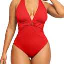 SHAPELLX Women's One Piece Swimsuit Tummy Control Ruched Full Coverage Bathing Suit V Neck Slimming Swimwear (Large, Red)