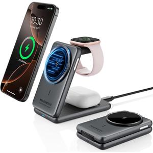 Wireless Charger for Apple, 3 in 1 MagSafe Charger Foldable Magnetic Charger for iPhone 16/15/14/13 Series, Airpods Pro 2, iWatch Series 10/9/8/7, Travel Charging Station for Apple Multiple Devices