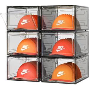6 Pack Hat Organizer Box, Stackable Clear Baseball Caps Holder Box Containers with Magnetic Door for Hats Snapback Cap Storag, Hat Rack Display Case, Holds 8 Hats Each (Black)
