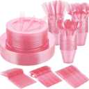 WYTAOHZL 240PCS Pink Glitter Dinnerware Set 40Guest Disposable Pink Glitter Dinnerware 10.2"Dinner Plates 7.5"Salad Plates with 40PCS 9 oz Plastic Cups 40Guests Plastic Forks Knives Spoons