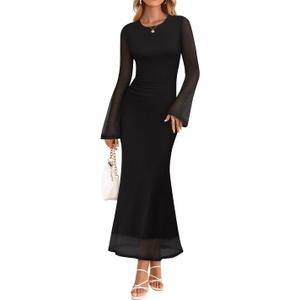 ZESICA Women's Long Sleeve Floral Bodycon Dress 2026 Spring Fall Ruched Mesh Wedding Guest Cocktail Party Maxi Dresses (Black, S)
