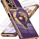 for Motorola Moto G 2026 Cute Love Heart Kickstand Woman Girls Phone Case with Screen Protector: Luxury Plated Gold Edge Soft TPU Full Camera Protection Cover for Moto G Play 2026 (Deep Purple)