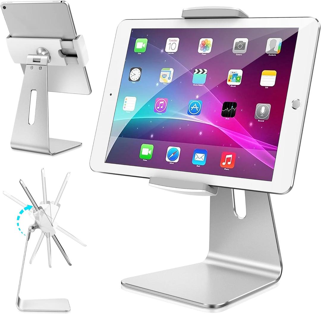AboveTEK Elegant Tablet Stand, Aluminum iPad Stand Holder, Desktop Kiosk POS Stands for 7-15.6 inch iPad/Portable Monitor, Tablet Mount for Showcase Office Reception Countertop (Silver)