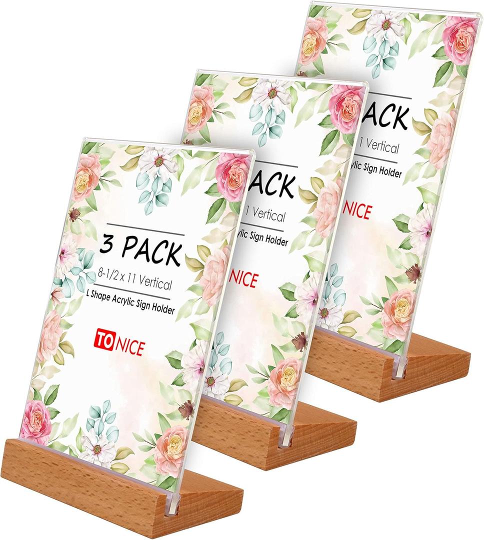 TONICE 3 Pack 8.5x11 Acrylic Sign Holder L Shape Slant Back Design Clear Acrylic Frame Wood Base, Table Menu Display Stand, Flyer Display (Optional 8.5x11/5x7 Inch L/T Shape)
