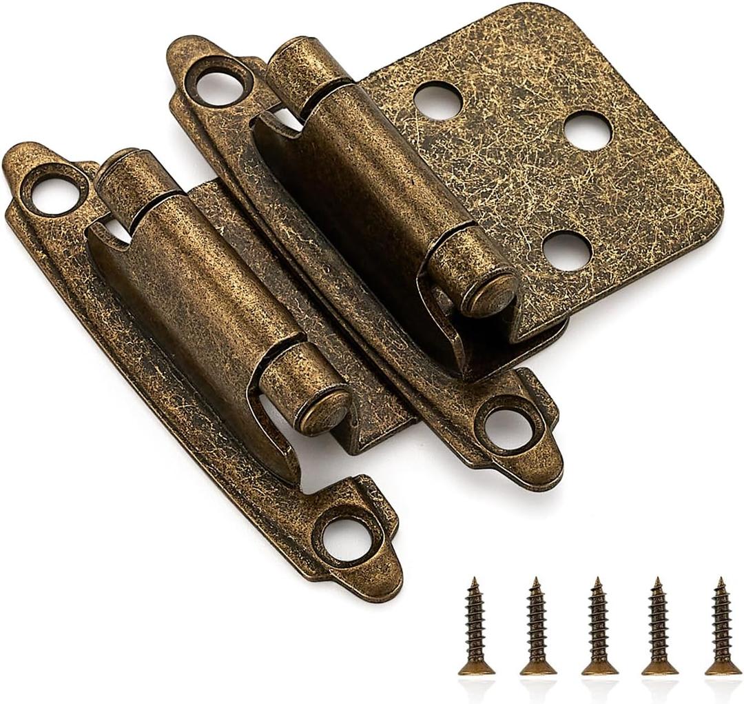 Ravinte 10 Pack (5 Pairs) 1/2" Overlay Cabinet Hinges, Self-Closing Semi-Concealed Face Mount, Antique Brass Decorative Hardware with Door Bumpers for Kitchen & Cupboard Doors