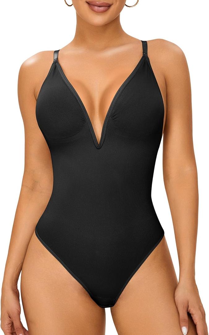 Lace Bodysuit Backless Shapewear for Women V-Neck Tummy Control Thong Body Shaper (Black, XL)