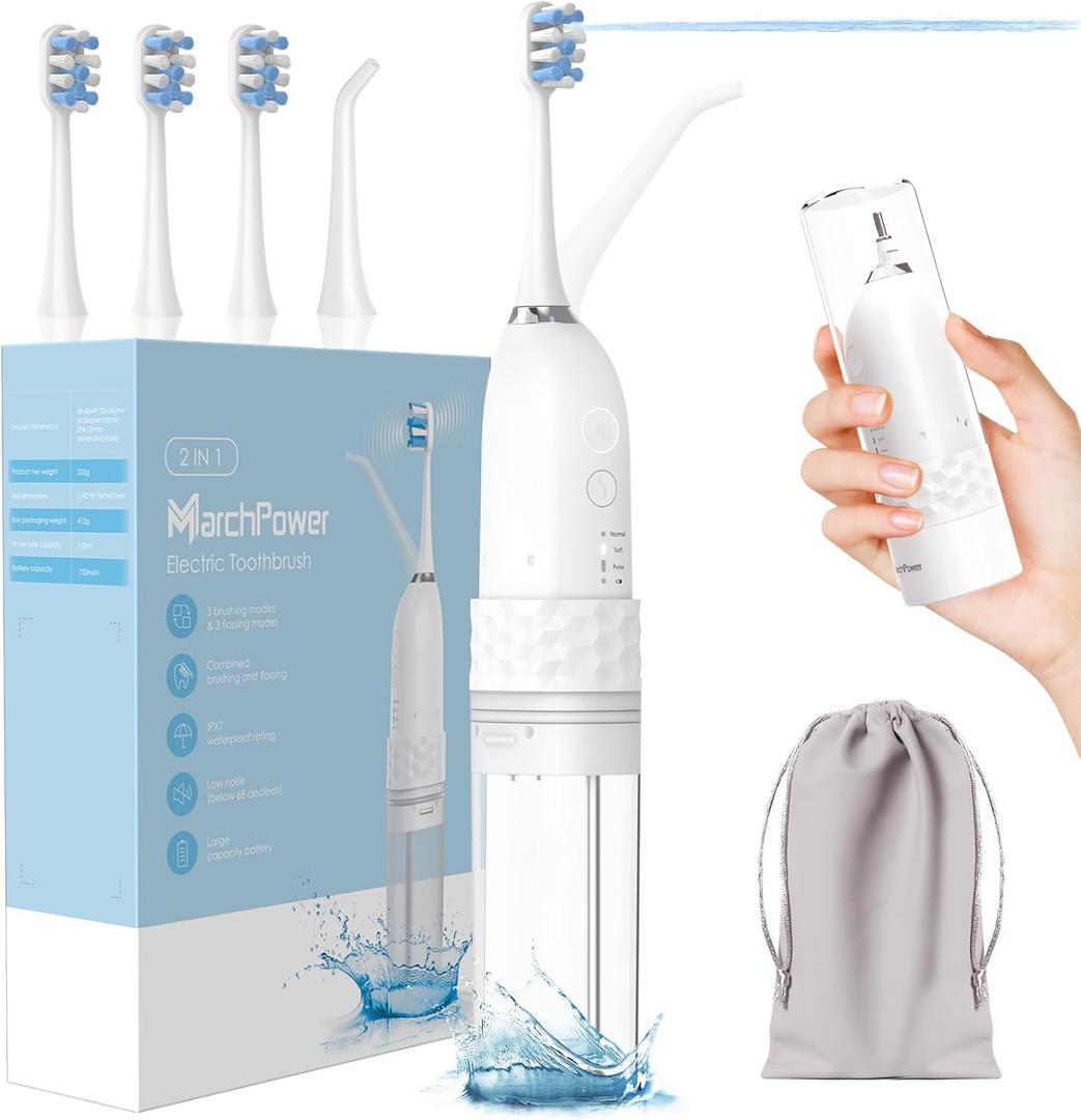 Marchpower Innovative 2-in-1 Electric Toothbrush with Water Flosser  Ultrasonic Cleaning, Compact Travel Design, 3+3 Modes, IPX7 Waterproof, USB-C Rechargeable, with 3 Dupont Brush Heads & 1 Jet Tip