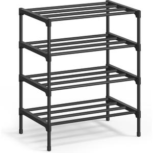 SONGMICS 4-Tier Shoe Rack for Closet, Compact Metal Shoe Organizer Shelf for Entryway, Bedroom, Small Spaces, Stackable, 11.8 x 17.7 x 26 Inches, Black ULSA114BH01