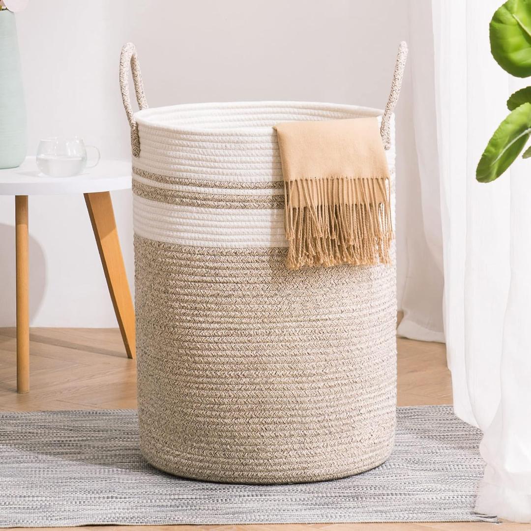 Woven Rope Laundry Hamper Basket, 72L Tall Luandry Basket, Baby Nursery Hamper for Blanket Storage, Clothes Hamper for Laundry in Bedroom-Large-Brown (Large(72L))
