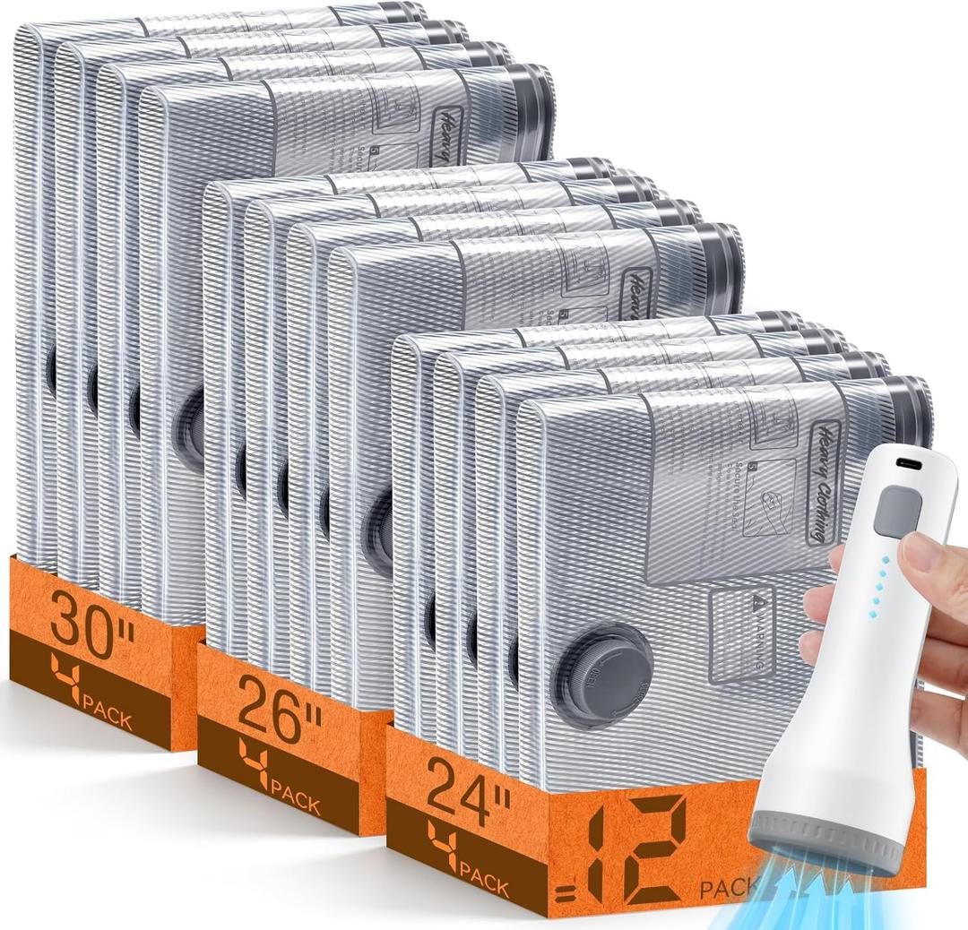 12 Pack Vacuum Storage Bags for Travel with Rechargeable Cordless Pump, Space Saver Bags for Clothes, Compression Packing Bags for Luggage and Suitcase, 12 Combo Size