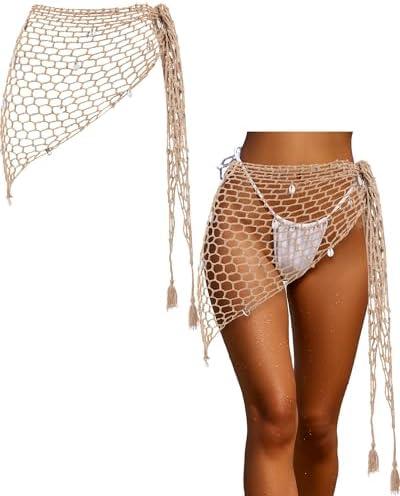 Geyoga Women Crochet Cover-ups Skirt Triangle Shawl Mermaid Skirt Hollow out Swimwear Shell Beach Fishnet Wrap size S