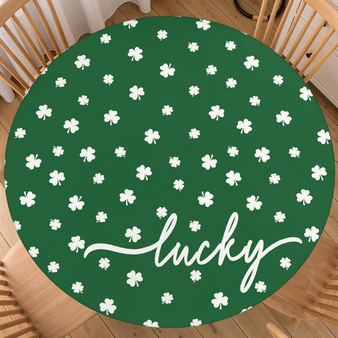 St. Patricks Day Tablecloth Round Fitted with Elastic Lucky Green Shamrock St. Paddys Themed Holiday Decor Washable Stretch Clover Table Cover Party Picnic Home Kitchen Decor for 40"-44" Table