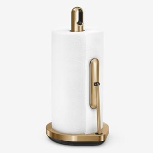 simplehuman Tension Arm Standing Paper Towel Holder, Heavy-Duty, Easy One-Handed Tear, Kitchen Countertop, Brass Stainless Steel