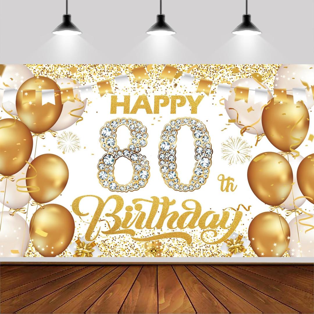 6x3.6ft Happy 80th Birthday Backdrop Banner,White And Gold Birthday Backdrop Sign, Happy Birthday Party Supplies Photo Background for Children Men Women.