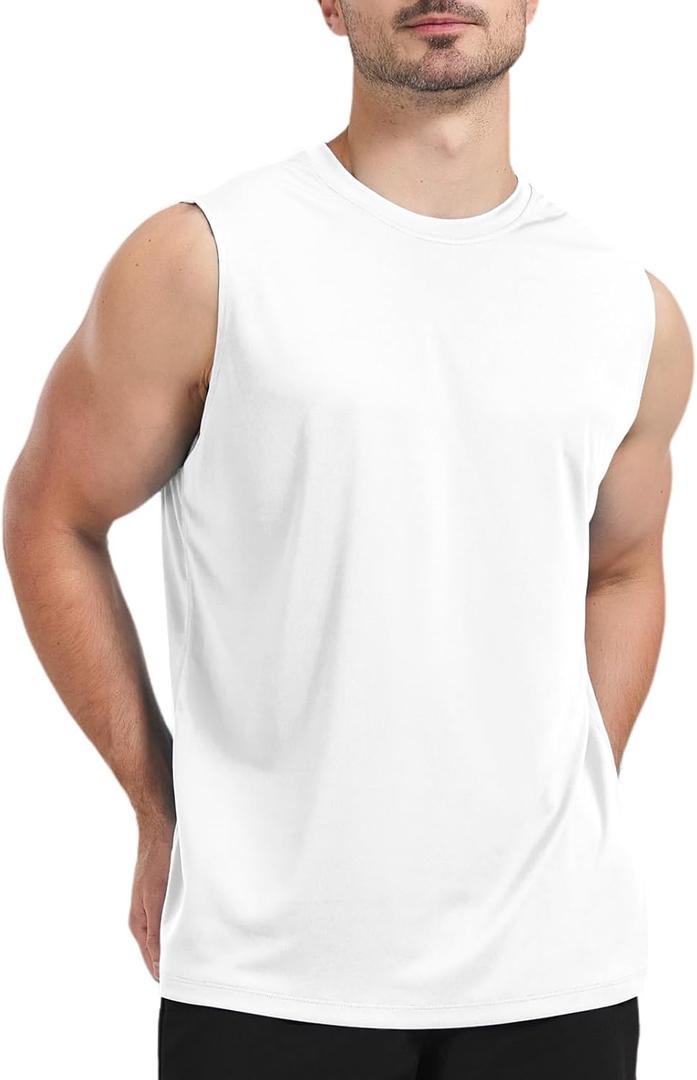 Men's Sleeveless UPF 50+ Swim Shirts Quick Dry Workout Tank Top UV Protection Running Gym Muscle T Shirts (Large), 01-white 