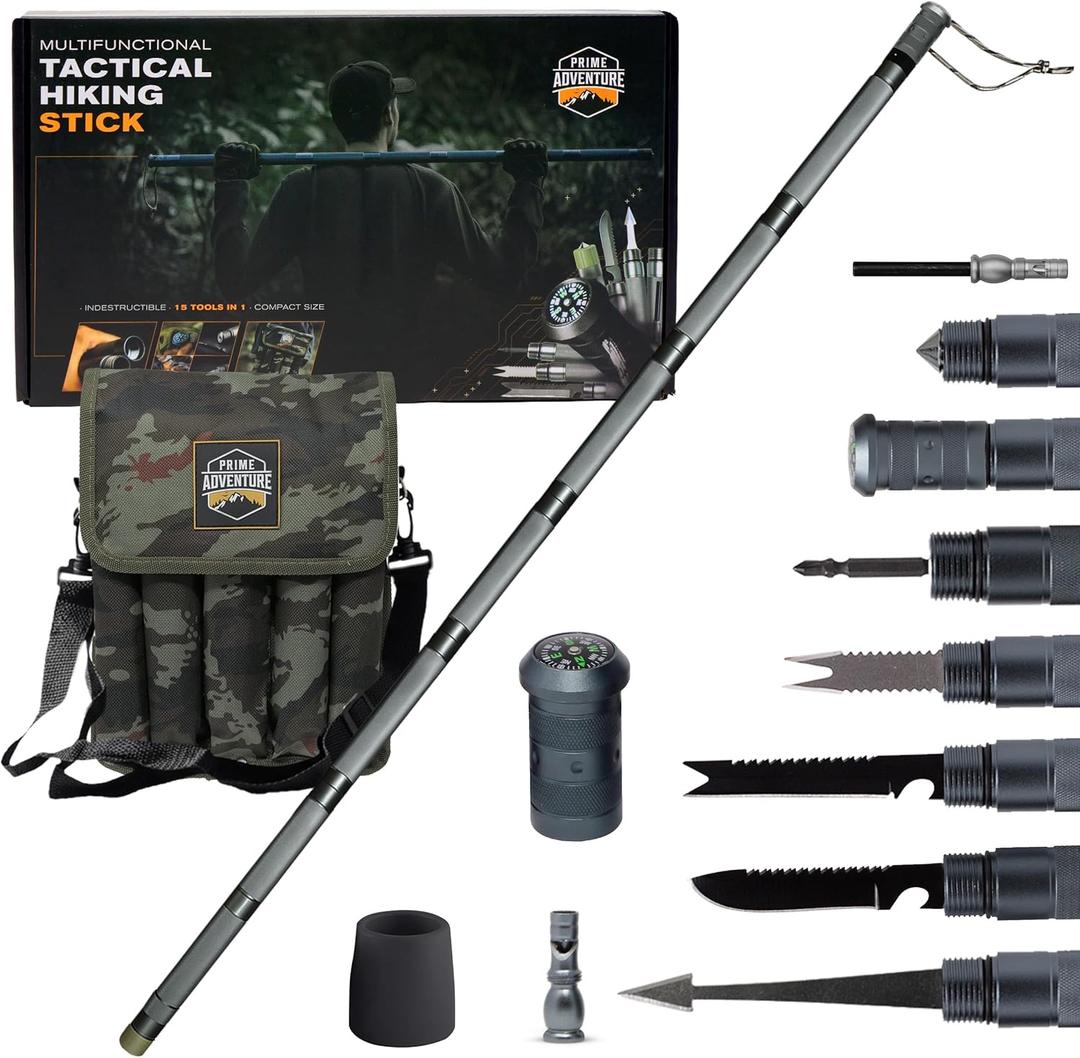 15-in-1 Tactical Survival Walking Stick & Hiking Staff – Heavy-Duty Collapsible Multitool for Camping, Hiking & Outdoor Survival Gear (8 Tubes, Premium Build)