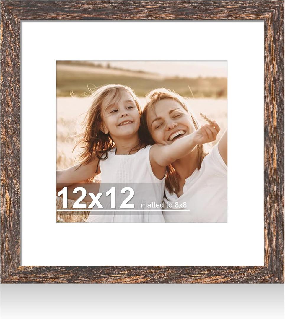 Hongkee 12x12 Picture Frame with Real Glass - 8x8 Wooden Frame with Mat, Horizontal and Vertical Display for Wall or Tabletop (Rustic Brown, 1 Pack)