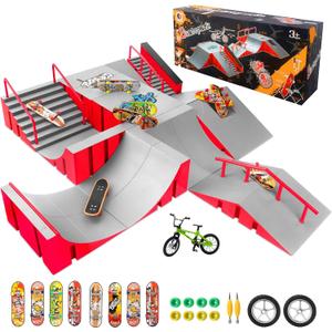 CS COSDDI Finger Skateboard Park Kits,14 in 1 Skateboard Finger Toys with 8 Finger Skateboards & 14 Skatepark Deck Ramp,Finger Bike for Boys or Girls Gift,Mini Finger Skateboards Ramp Accessories Set, 20 cm