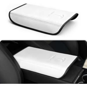 Center Console Armrest Cover for Tesla Model Y 2020-2026 / Model 3 2019-2025, Soft Embossed Armrest Protector Armrest Box Cushion Non-Slip Leather with Logo, White Accessories for Tesla